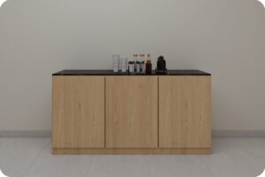 الدليل الشامل لاختيار وتفصيل ركن قهوة في السعودية 7 ركن قهوة مودرن بتصميم خشبي أنيق يضم سطح علوي أسود، وحدة أدراج للتخزين، وثلاجة مشروبات مدمجة، مناسب للمنازل والمكاتب العصرية في السعودية.