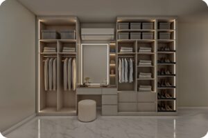 غرفة ملابس جدار واحد، الحل الذكي للمساحات الصغيرة مع استغلال ادراج التخزين