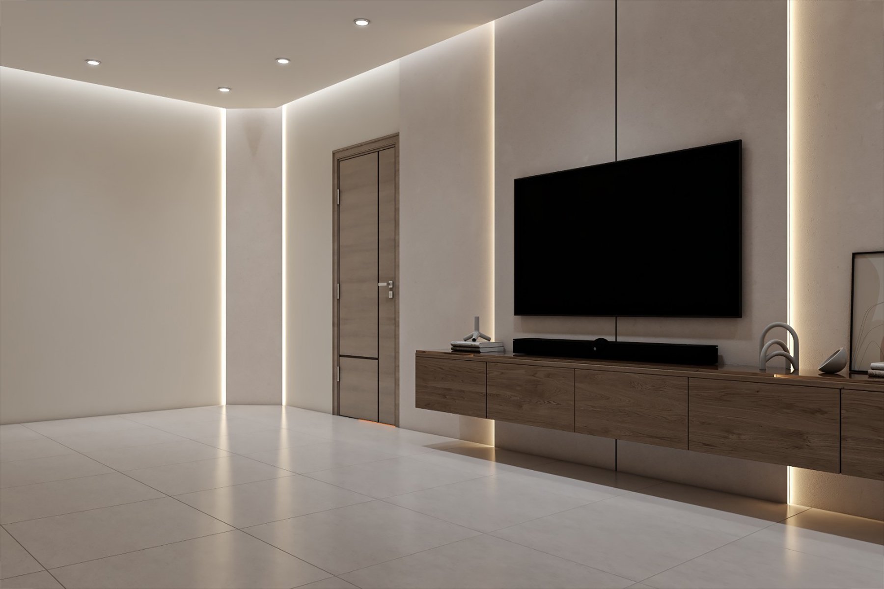 وحدة تلفزيون مودرن بتصميم جداري أنيق تضم خزانة عائمة خشبية، شاشة تلفزيون معلقة، إضاءة LED مخفية، ومكتبة جانبية مدمجة، مناسبة لغرف المعيشة في المنازل السعودية.