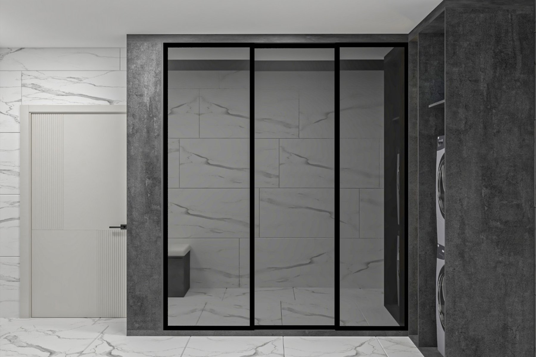 غرفة غسيل مودرن بتصميم أنيق تضم باب زجاج سحّاب بإطار أسود، جدران رخامية فاتحة، وتشطيبات عصرية مناسبة للمنازل السعودية.