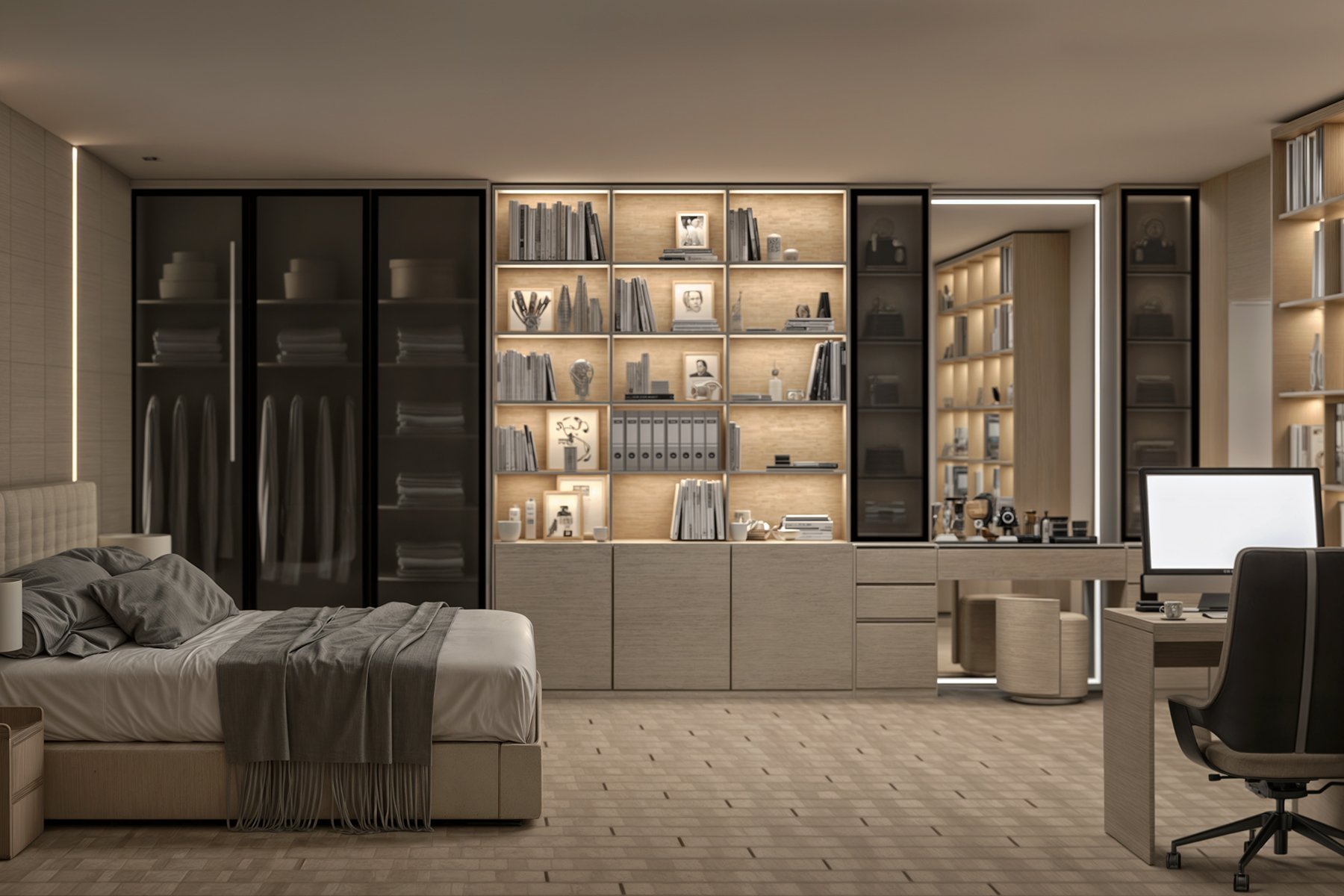 غرفة نوم مودرن بتصميم متكامل تضم سرير أنيق، مكتبة خشبية مضاءة بوحدات رفوف مفتوحة، دولاب زجاجي داكن، ومكتب عمل مدمج بتشطيب خشبي عصري.