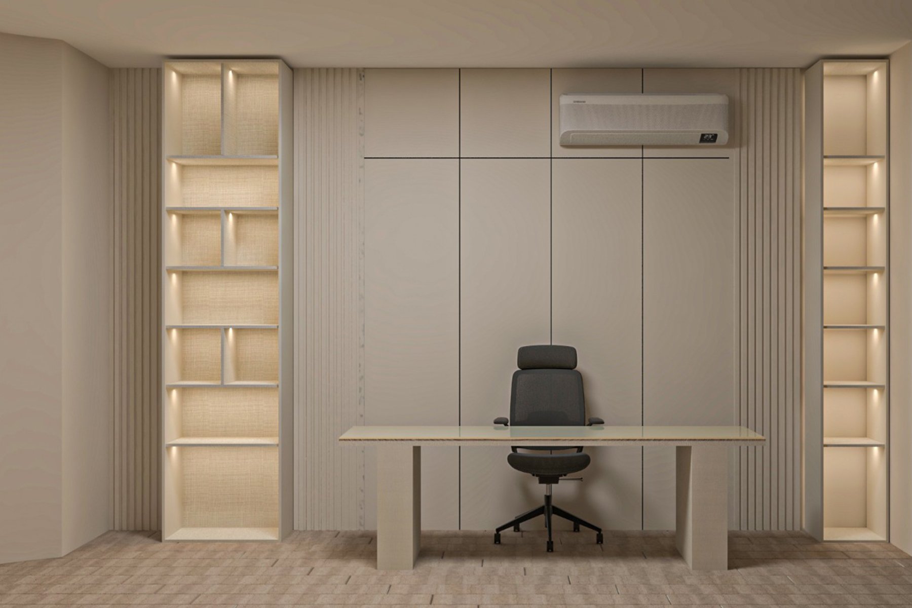 مكتب مودرن بتصميم بسيط يضم طاولة عمل أنيقة، كرسي مكتب مريح، وحدات رفوف جانبية مضاءة بإضاءة LED مخفية، وجدار خلفي بتشطيب عصري محايد.