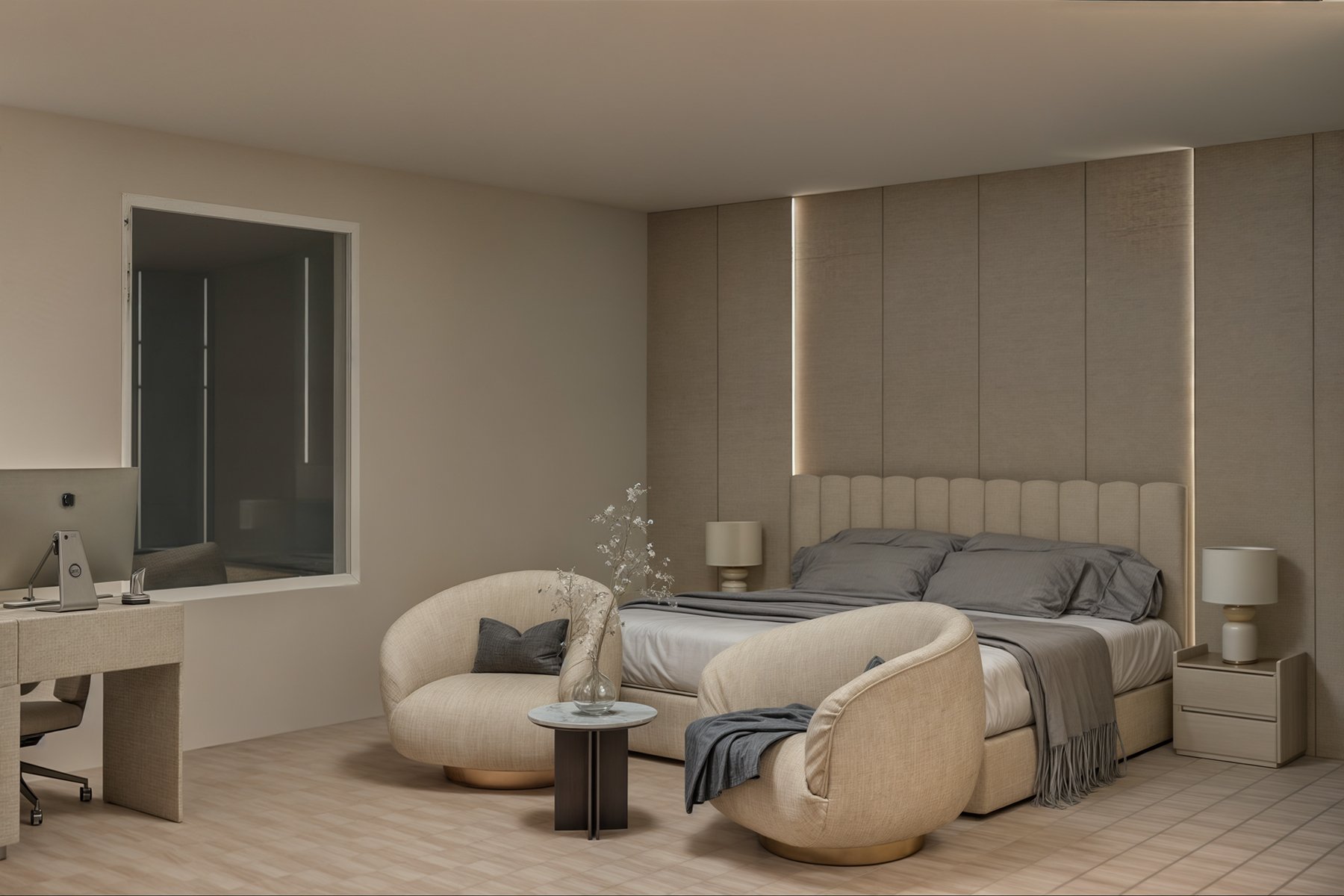 غرفة نوم مودرن بتصميم أنيق تضم سرير مبطن بلون محايد، دولاب زجاجي داكن بإضاءة داخلية، وتسريحة معلقة بمرآة مضيئة، مناسبة لغرف النوم العصرية في المنازل السعودية.