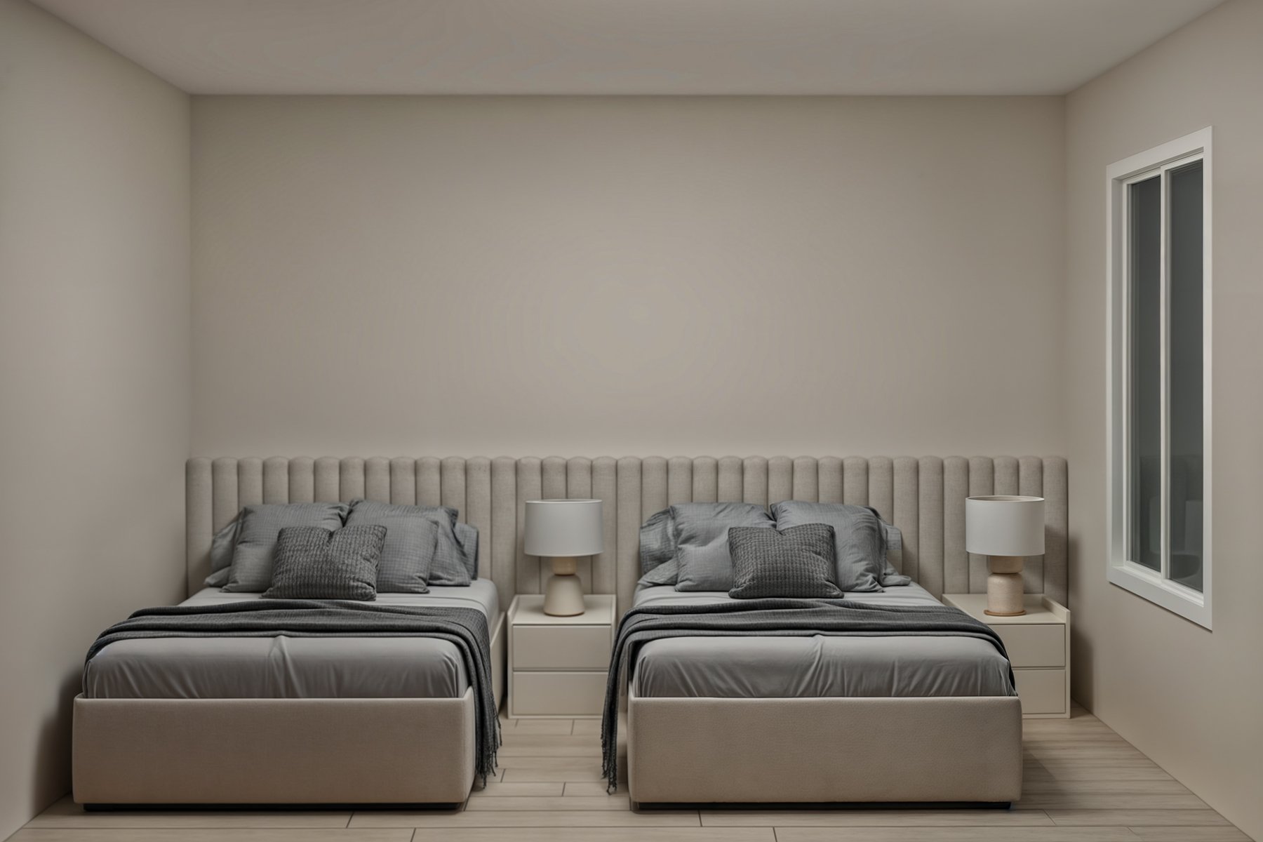 غرفة أطفال مودرن بسريرين منفصلين مع ظهر رأسي مبطن ممتد، طاولات جانبية وإضاءة ناعمة، ألوان محايدة وتصميم عملي يناسب غرف الأطفال في المنازل السعودية.