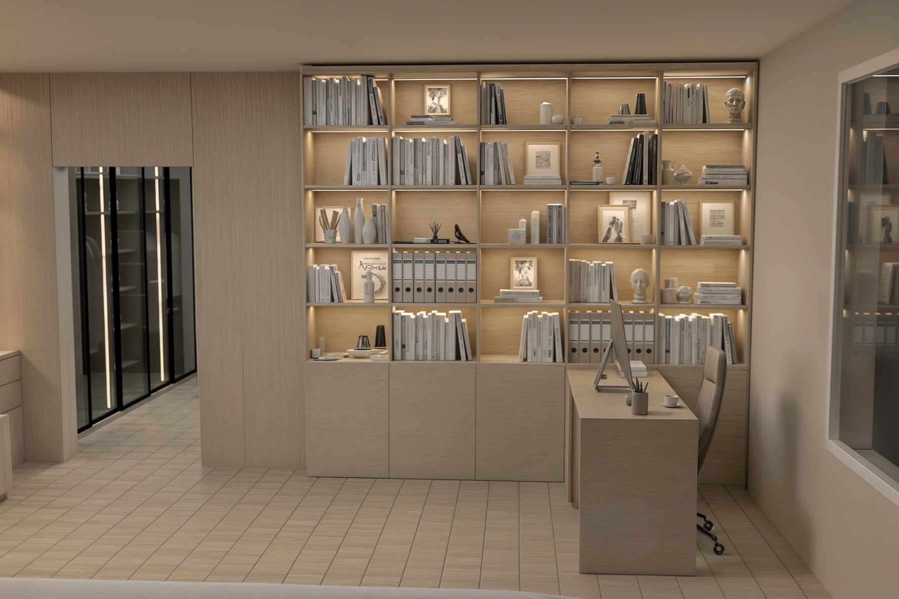 غرفة نوم مودرن بتصميم متكامل تضم سرير أنيق، مكتبة خشبية مضاءة بوحدات رفوف مفتوحة، دولاب زجاجي داكن، ومكتب عمل مدمج بتشطيب خشبي عصري.