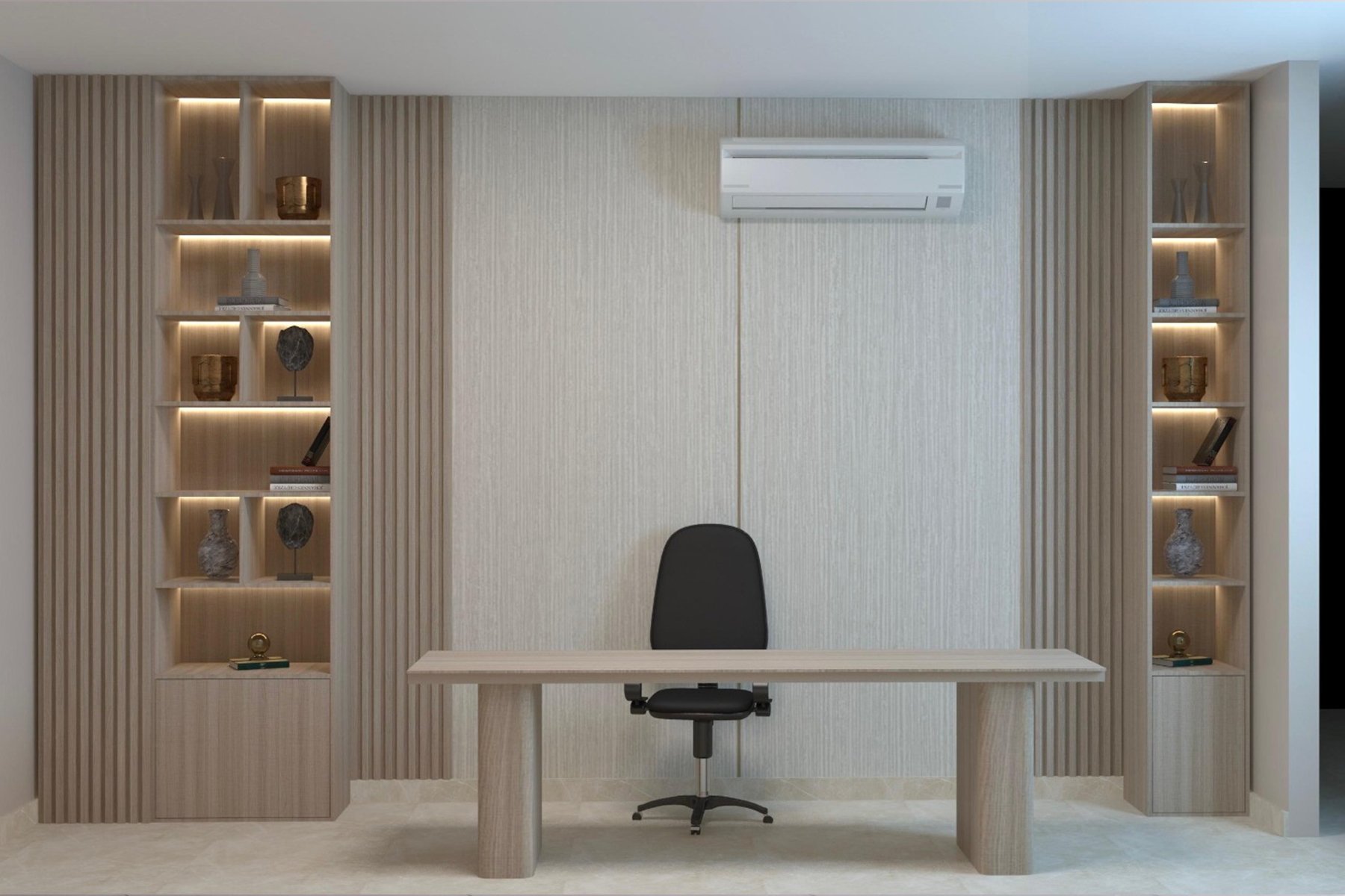 مكتب مودرن بتصميم بسيط يضم طاولة عمل أنيقة، كرسي مكتب مريح، وحدات رفوف جانبية مضاءة بإضاءة LED مخفية، وجدار خلفي بتشطيب عصري محايد.