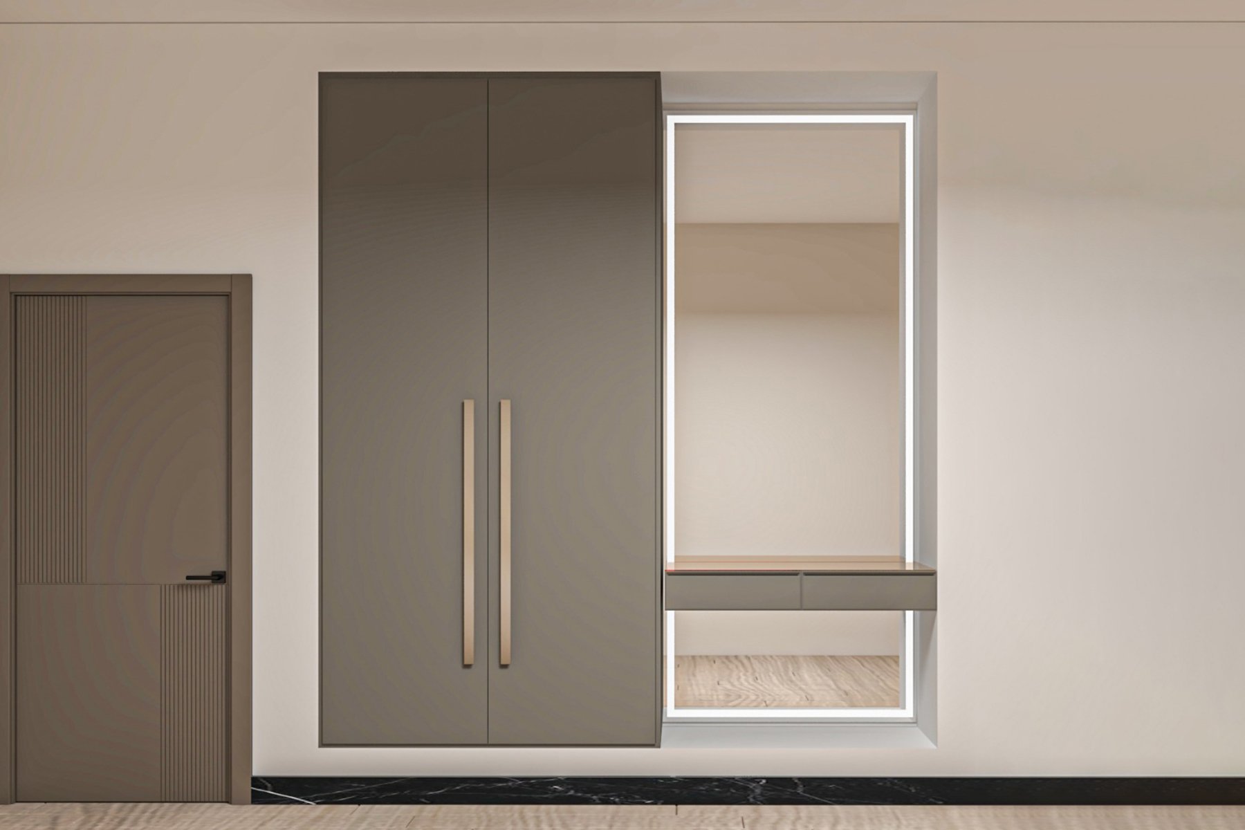 دولاب ملابس مودرن بتصميم تفصيل جداري يضم وحدات تعليق ملابس مزدوجة، أرفف علوية للتخزين، إضاءة LED داخلية، وتسريحة مدمجة بمرآة مضيئة، مناسب لغرف النوم في المنازل السعودية.