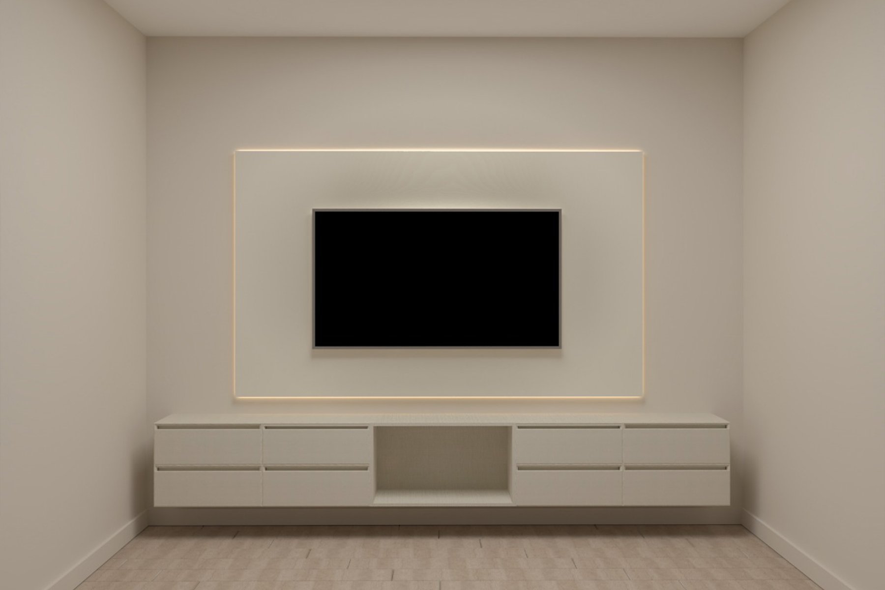 وحدة تلفزيون مودرن بتصميم جداري أنيق تضم خزانة عائمة خشبية، شاشة تلفزيون معلقة، إضاءة LED مخفية، ومكتبة جانبية مدمجة، مناسبة لغرف المعيشة في المنازل السعودية.