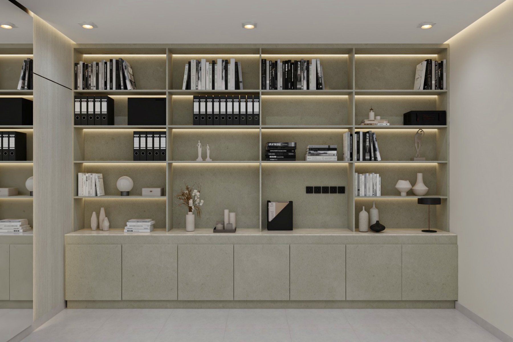 مكتبة خشبية مودرن بتصميم جداري متناظر مع رفوف مفتوحة وإضاءة LED مخفية، خزائن سفلية للتخزين، وقطعة ديكور مركزية بتشطيب أنيق ولون هادئ.