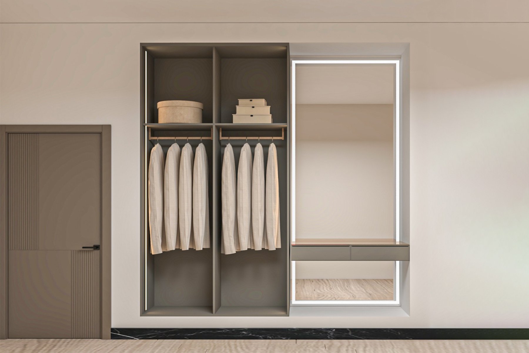 دولاب ملابس مودرن بتصميم تفصيل جداري يضم وحدات تعليق ملابس مزدوجة، أرفف علوية للتخزين، إضاءة LED داخلية، وتسريحة مدمجة بمرآة مضيئة، مناسب لغرف النوم في المنازل السعودية.