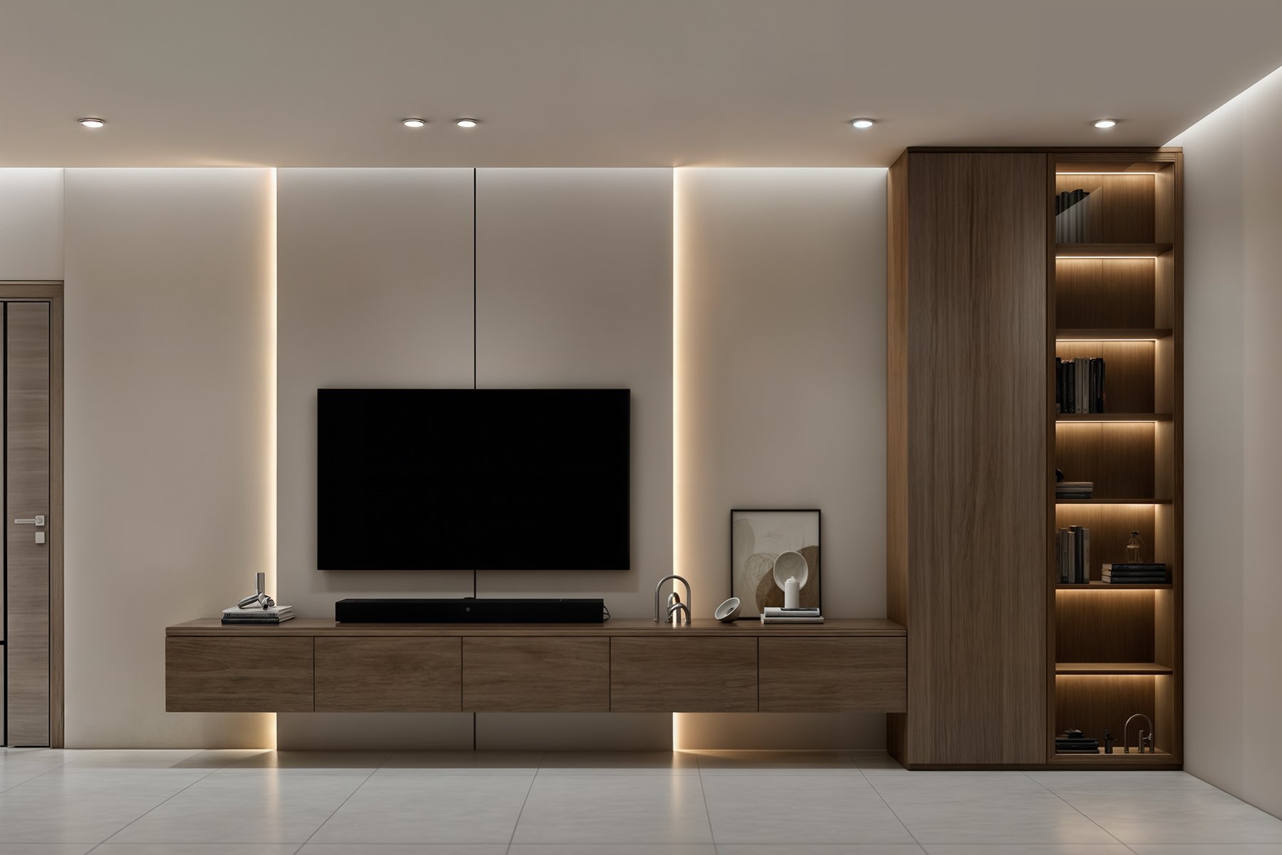 وحدة تلفزيون مودرن بتصميم جداري أنيق تضم خزانة عائمة خشبية، شاشة تلفزيون معلقة، إضاءة LED مخفية، ومكتبة جانبية مدمجة، مناسبة لغرف المعيشة في المنازل السعودية.