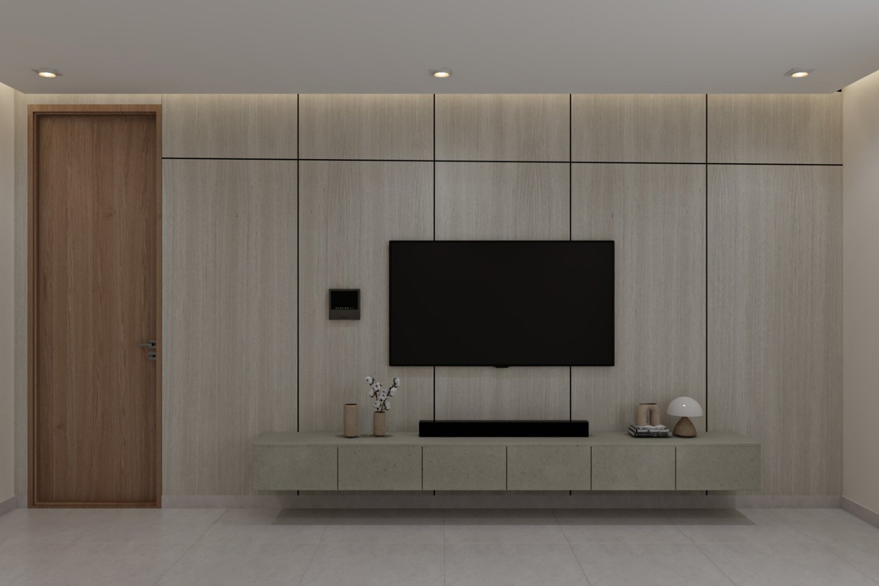 وحدة تلفزيون مودرن بتصميم جداري أنيق تضم خزانة عائمة خشبية، شاشة تلفزيون معلقة، إضاءة LED مخفية، ومكتبة جانبية مدمجة، مناسبة لغرف المعيشة في المنازل السعودية.