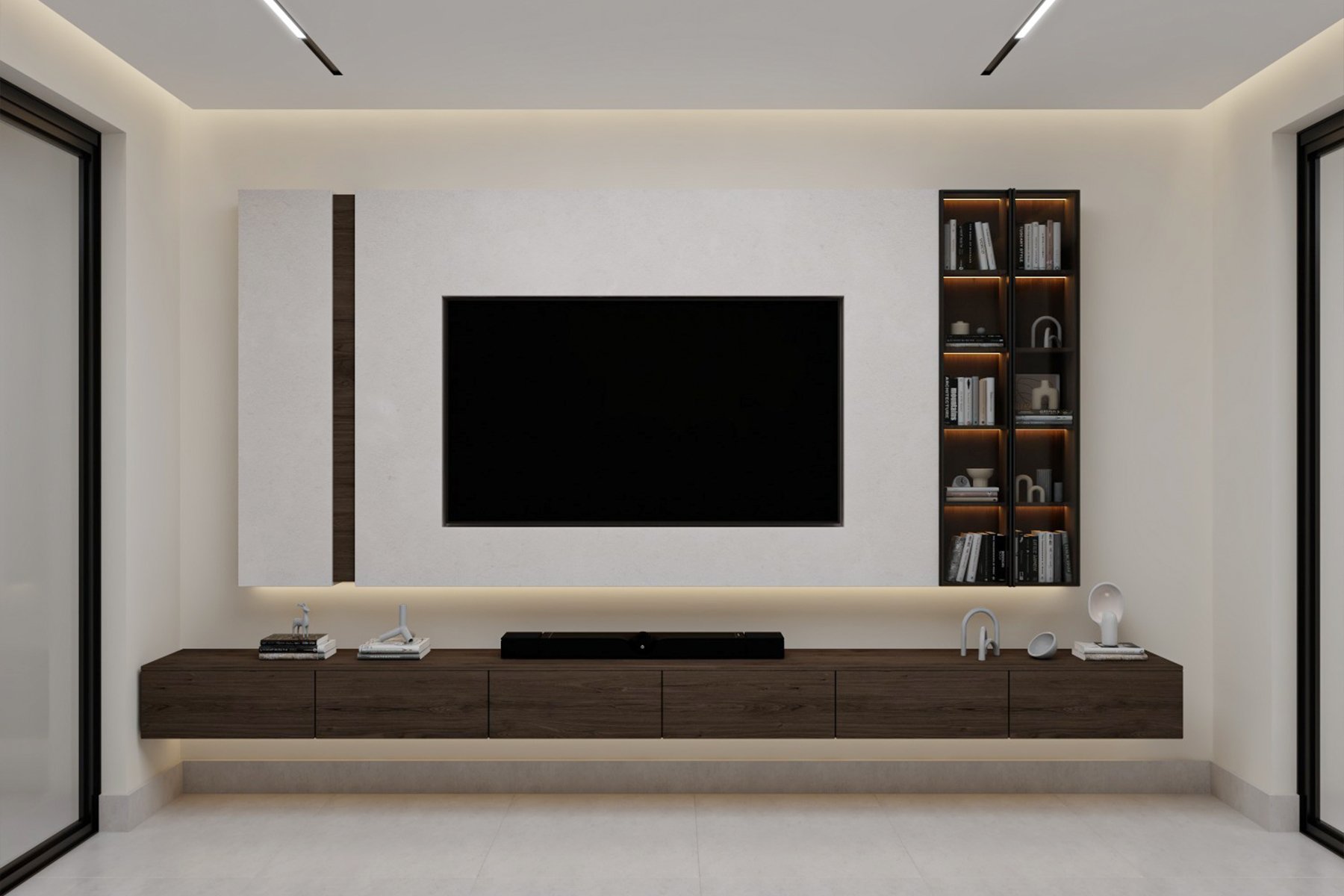 وحدة تلفزيون مودرن بتصميم جداري أنيق تضم خزانة عائمة خشبية، شاشة تلفزيون معلقة، إضاءة LED مخفية، ومكتبة جانبية مدمجة، مناسبة لغرف المعيشة في المنازل السعودية.