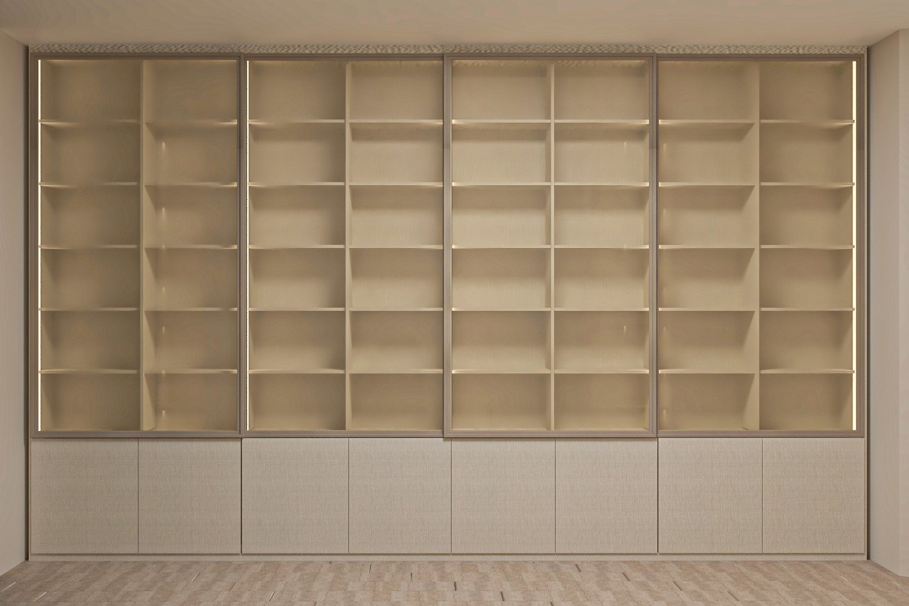 مكتبة خشبية مودرن بتصميم جداري كامل، تحتوي على وحدات رفوف مربعة مفتوحة مع ديكورات أنيقة وأبواب تخزين سفلية بلون خشب فاتح.