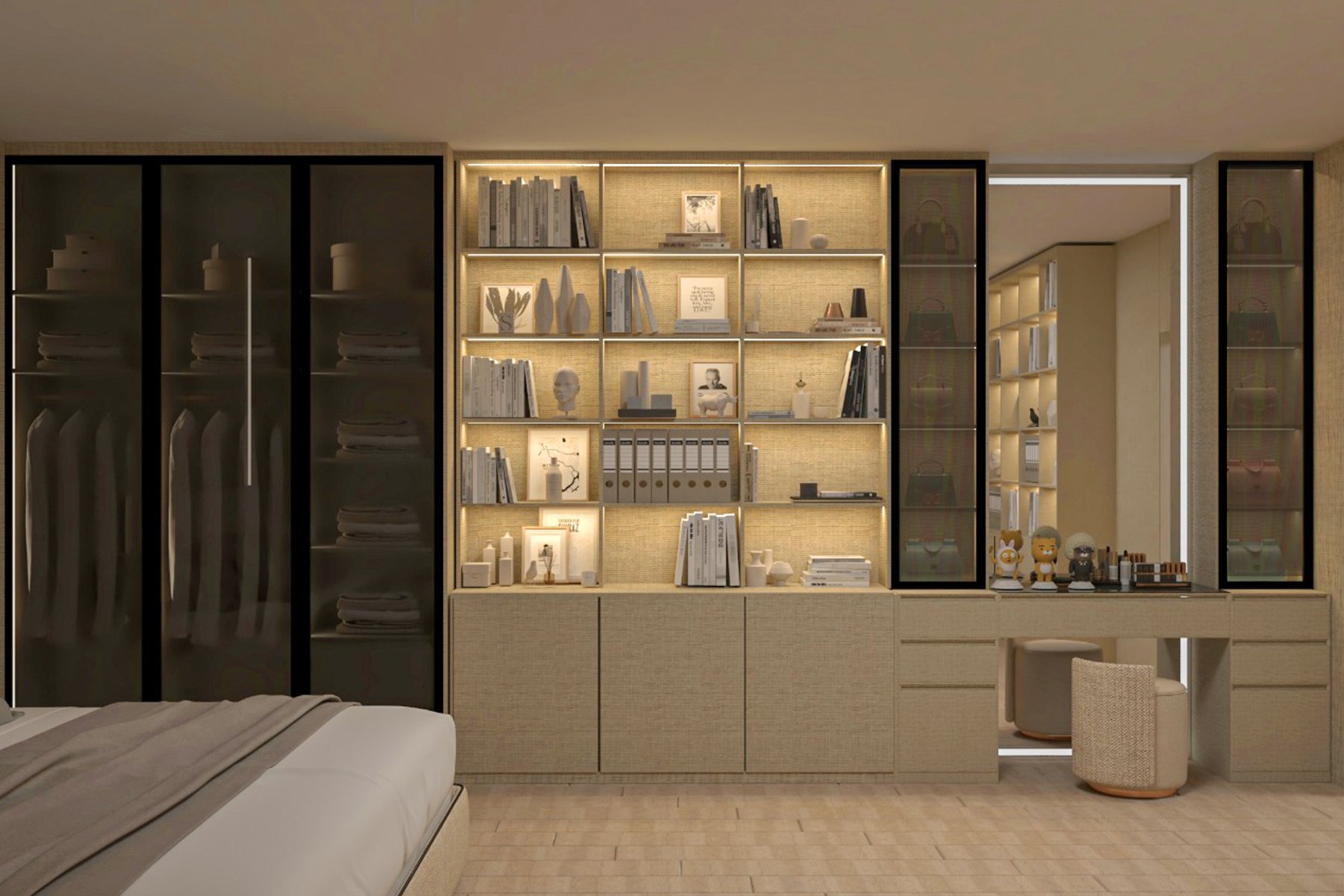 غرفة نوم مودرن بتصميم متكامل تضم سرير أنيق، مكتبة خشبية مضاءة بوحدات رفوف مفتوحة، دولاب زجاجي داكن، ومكتب عمل مدمج بتشطيب خشبي عصري.