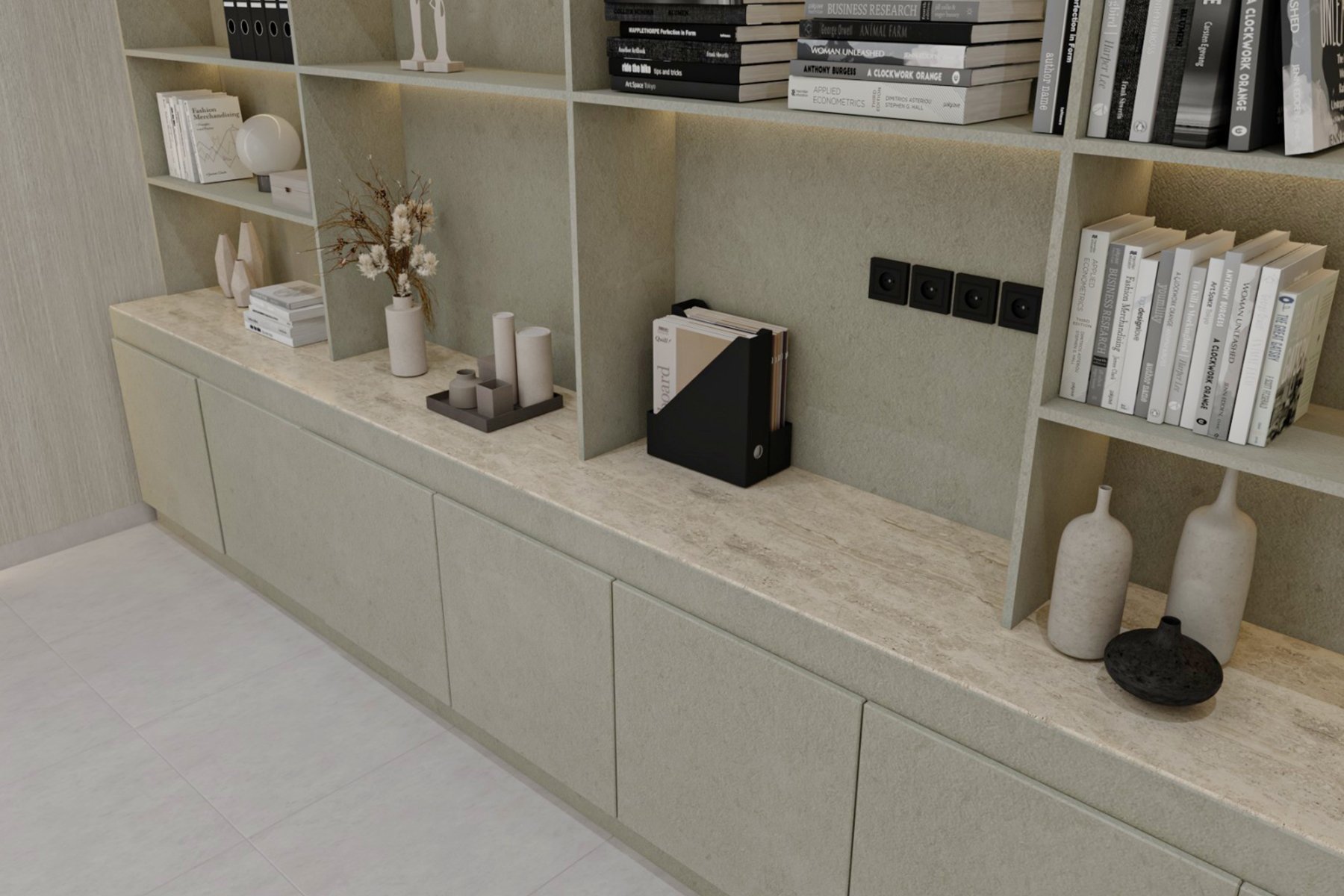 مكتبة خشبية مودرن بتصميم جداري متناظر مع رفوف مفتوحة وإضاءة LED مخفية، خزائن سفلية للتخزين، وقطعة ديكور مركزية بتشطيب أنيق ولون هادئ.