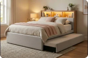 سرير غرفة نوم مع استغلال مساحات التخزين بذكاء