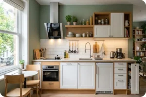 تصميم مطبخ صغير على جدار واحد مع خزانة مطبخ ذكية