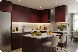 مطبخ أمريكي مفتوح بلون مناسب وخزانة مطبخ 