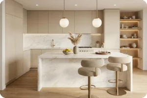 مطبخ مميز مع جزيرة في المنتصف لمساحة تخزين إضافية